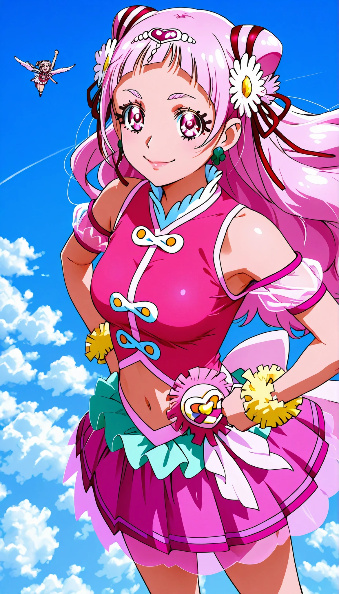 score_9, score_8_up, score_7_up, Cure Yell, sky background , flying ,raise up fist,hand on hips, from above, smile , cowboy shot, glossy lips ,closed mouth ,medium breast