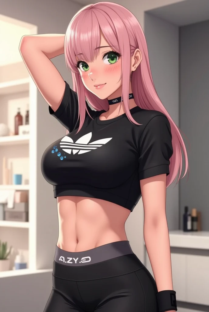Beautiful round medium breasts, 1girl, ((Neon magenta hair, bangs cover the eyes)) ((wolf girl, cute girl face)) light blue eyes, has an beautiful sensual body with freckles, with Beautiful breasts and thin waist, HIP HOP Beautiful and cute red hoodie, tight black yoga pants fabric delicate, has a bold appearance. young, quality, realistic, best quality, cute expression, pink lipstick lips, Cute smile, in a gym