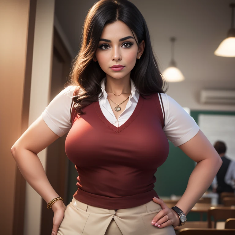 (best quality,4k,8k,highres,masterpiece:1.2),ultra-detailed,(realistic,photorealistic,photo-realistic:1.37),portraits,sexy,teacher,40 years,glases,low-cut blouse,enormous prominent breasts,slim waist,wide hips,very tight small skirt,high heels,beautiful detailed eyes,beautiful detailed lips,long eyelashes,confident smile,professional hairstyle,appealing body language,classroom setting,vivid colors,soft lighting.
