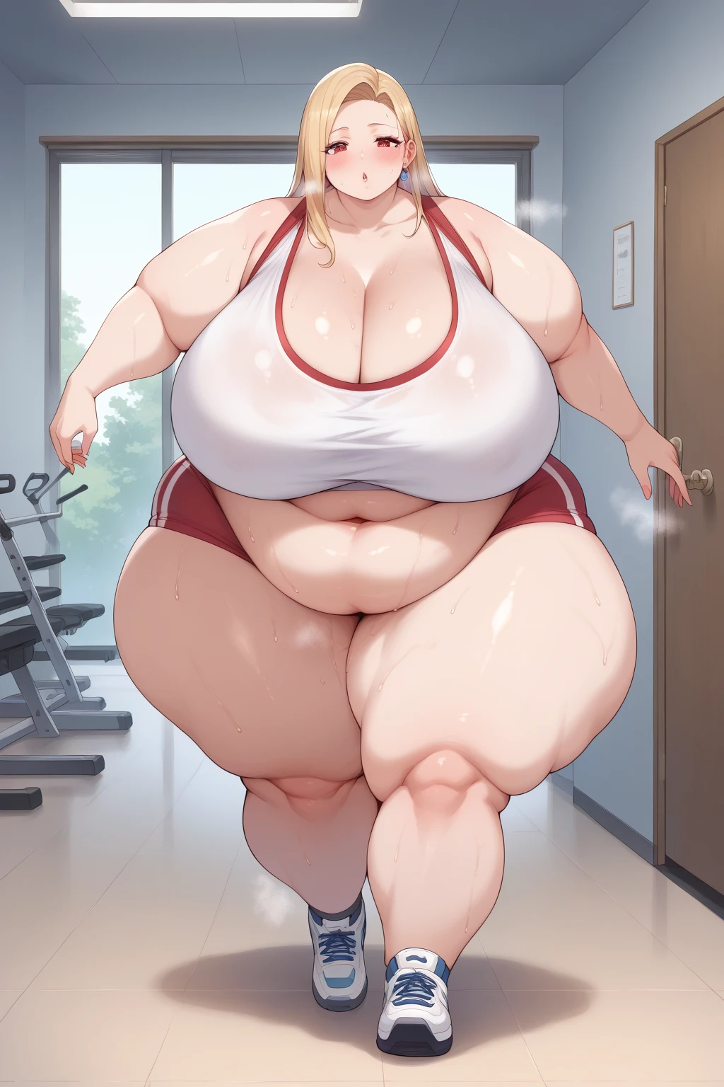 (Full body), An image of a pregnant girl using gym clothes that leave her belly on full display, she's wearing glasses and have huge breasts and thick thighs