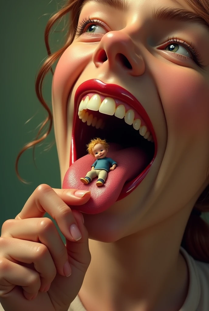 Small, naked man lying on the tongue of a giant woman