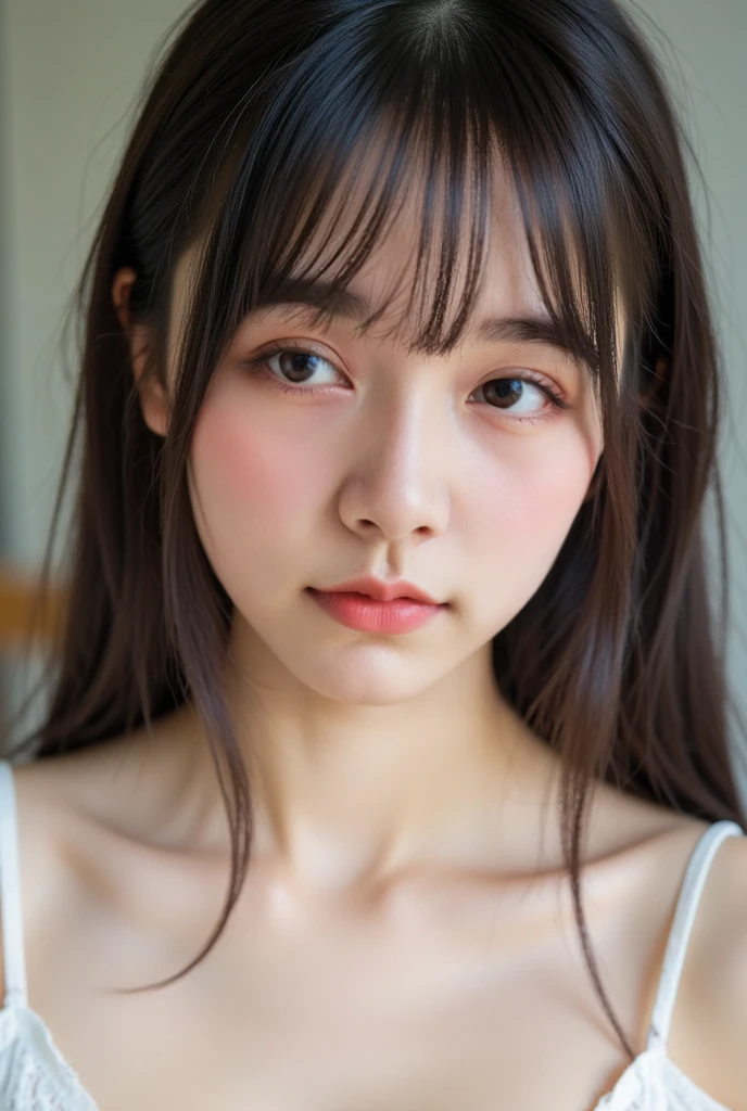 masterpiece, highest quality, 8k, 20th Generation, Big Breasts, cute, alone, sad, cute, Girlish, cute、Delicate girl, Pure beauty, RAW Photos, Professional photography, Portraiture, Soft Light, Professional Lighting, Backlight, Upper Body, avert your eyes, Sophisticated, Film Grain, (Round face、Young face、Thin eyebrows、Thin lips:1.0), Floating hair, beautiful, Flowing hair, bangs, Cardigan on blouse、(Big Breasts:1.2)、A little bit of cleavage is visible、dolly make、Heterochromia iridis、Left and right eyes are different colors