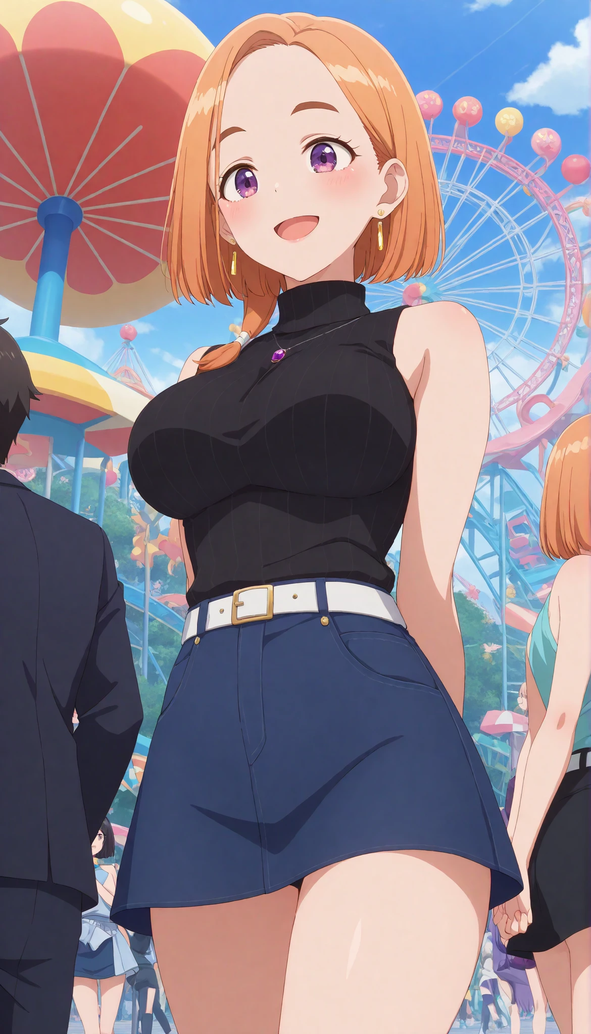 score_9,score_8_up,score_7_up,extremely detailed,ultra-detailed,official art,professional lighting,masterpiece,top quality,great quality,very beautiful,absurd,latest,masterpiece,best quality,4K,
1girl,Banri Shiunji,orange bob cut hair,forehead,purple eyes,large breasts,earrings,sexy,pretty,rouge lips ,sleeveless sweater,Black vertical striped sweater,jewel pendant ,mini denim skirt,White belt, amusement park,from below ,arms behind back,walking ,open mouth ,smile,cowboy shot