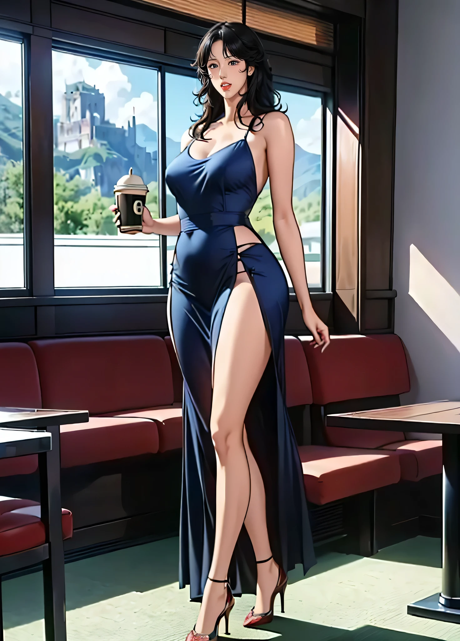 (masterpiece, best quality, cinematic, photorealistic, ultra-detailed), (1girl, female Italian), (wide shot, from behind:1.4), (wearing Elegant navy blue wrap dress:1.5), (Straight, sleek black hair in a long bob:1.2), (Round glasses, pearl necklace, small satin purse, pearl stud earrings:1.2), perfect hands, perfect face, wide hips, (large cleavage, massive natural tits), (seductive pose:1.2), (hazel eyes, soft and shimmery eyeshadows, detailed pupils, defined eyelashes), (blushing, slightly parted lips, cherry lips:1.2), (Sitting cross-legged with a subtle smile, one hand resting gracefully on the knee), (gradient background), (round ass)