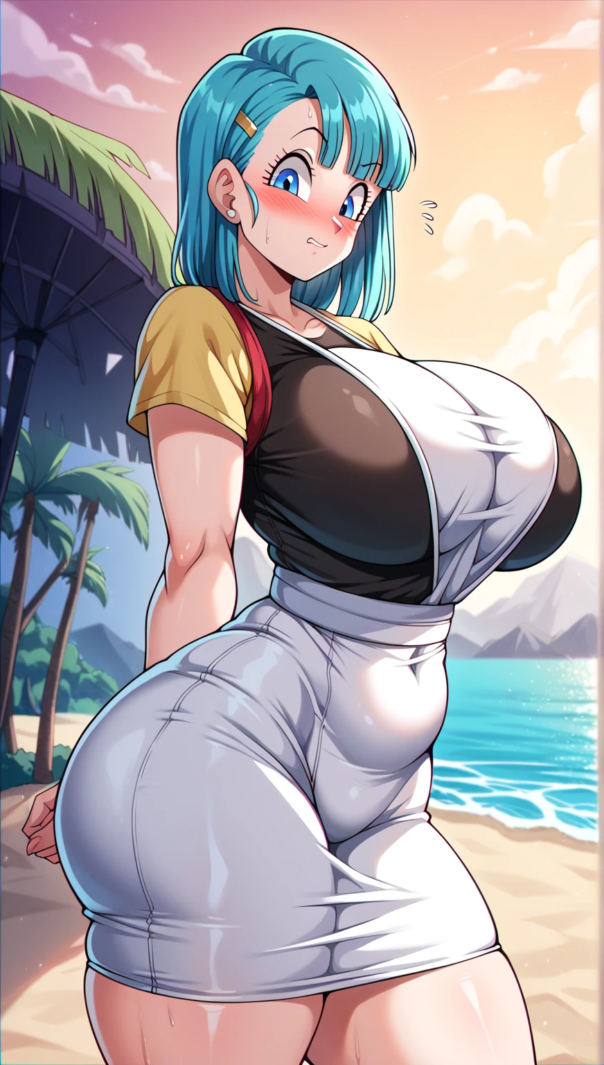 High resolution, Dragon Ball, Bulma, 1girl, ((bimbo))), short blue hair, blue eyes, puffy lips, painted lips, thick lips, wide hips, thick thighs, enormous fake breast, huge ass, smile face, white bikini , shiny skin, beach, legs