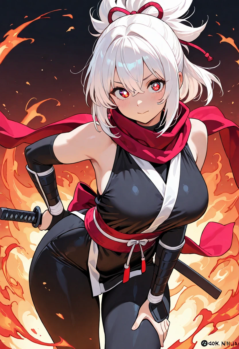 Gray Hair、Long Ponytail、Sharp Eyes、Red eyes、Dark red dress、Phoenix、flame、Burning place、4K、high resolution、masterpiece