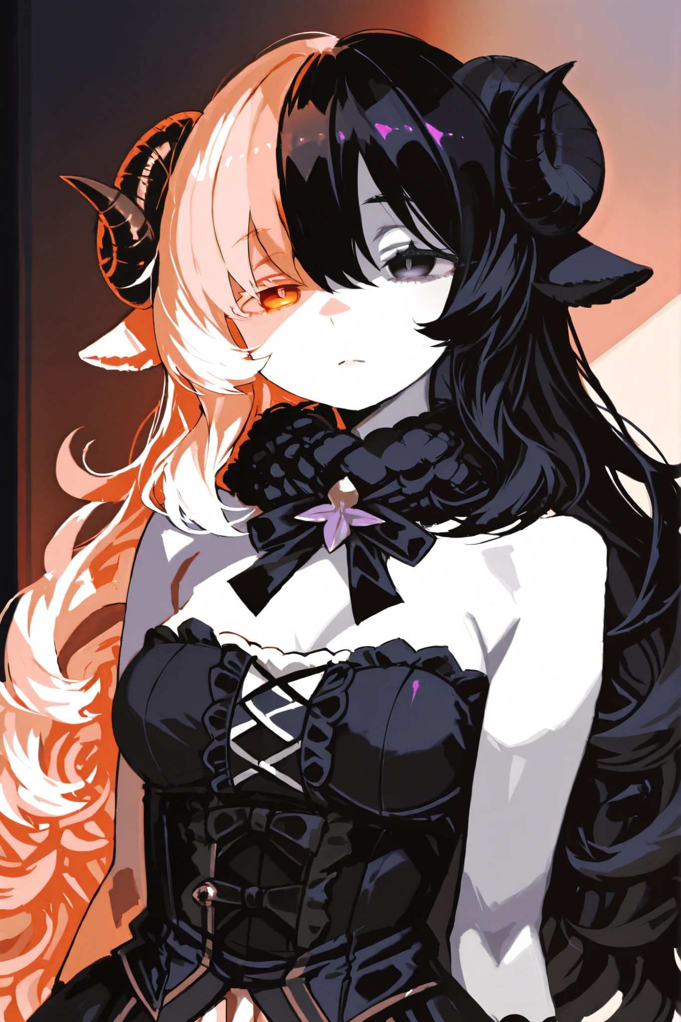 black sheep girl, Soft, fluffy fleece is wrapped around the neck and shoulders, Humanoid appearance , Narrow pupils, gentle and mysterious expression, dark curls , Little black horn , black animal ears, pale skin tone contrast, wearing gothic or country style clothes, Fantasy style, soft lighting,inverted eyes, split color, Iris white,Warm colors