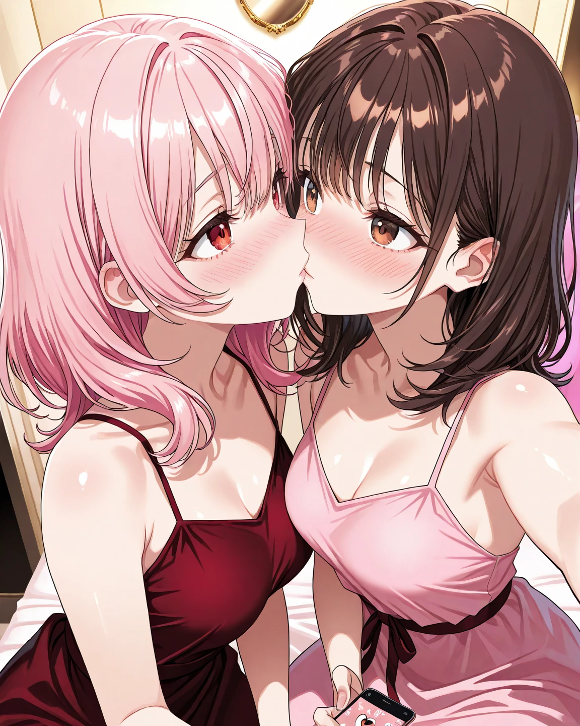 masterpiece, best quality, ultra high resolution, 2 women, very passionate kiss between the two, They are both beautiful with big tits, both wet
