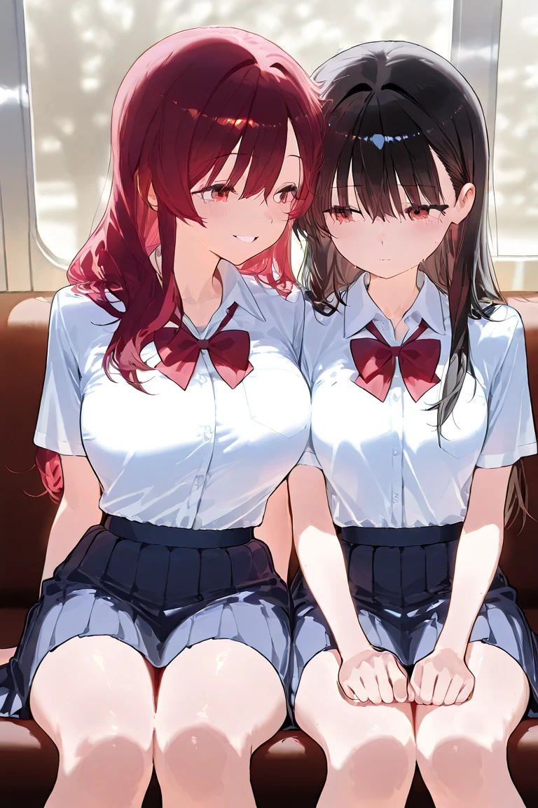 ((top-quality)), ((​masterpiece)), (detaileds: 1.4),Anatomical, award-winning concept art, Beautiful fece, finely detail, 2 girls in,  Full body painting, From head to knee, Cute underwear, pretty Panties, a miniskirt, white  panties,,, skirt rift, red blush, A dark-haired, ‎Classroom, a navel, Clothes Lift ,, looking at away, shortsleeves, huge tit、cleavage of the breast、Futomo、Lying on your back on the bed、