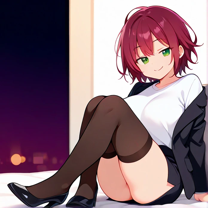 Girl, short red hair, green eyes, Perfect medium breasts. Black blouse with plaid skirt. Vaginal penetration sex, legs up, first person