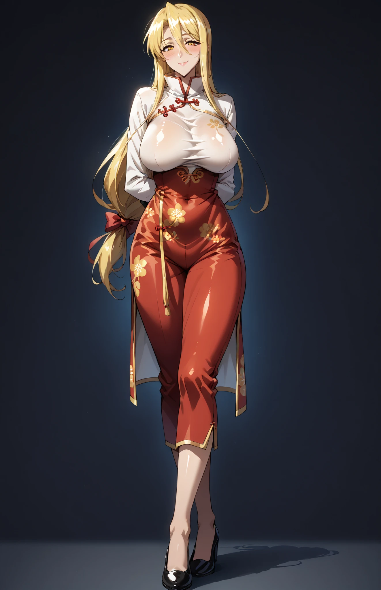 (((Plain background 1:2))) (masterpiece, high quality: 1.1) 1girl full body standing, hairstyle with a braid, white colored hair, yellow eyes, perfect lighting, muscular, thighs, mature woman, mummy, bellybutton, abs, looks at the viewer smile RED CHEEKS, extremely huge breasts, maternal, porcelain skin, extra very long hair, sparkly skin, good face, chest cover, HANDS ON HIPS