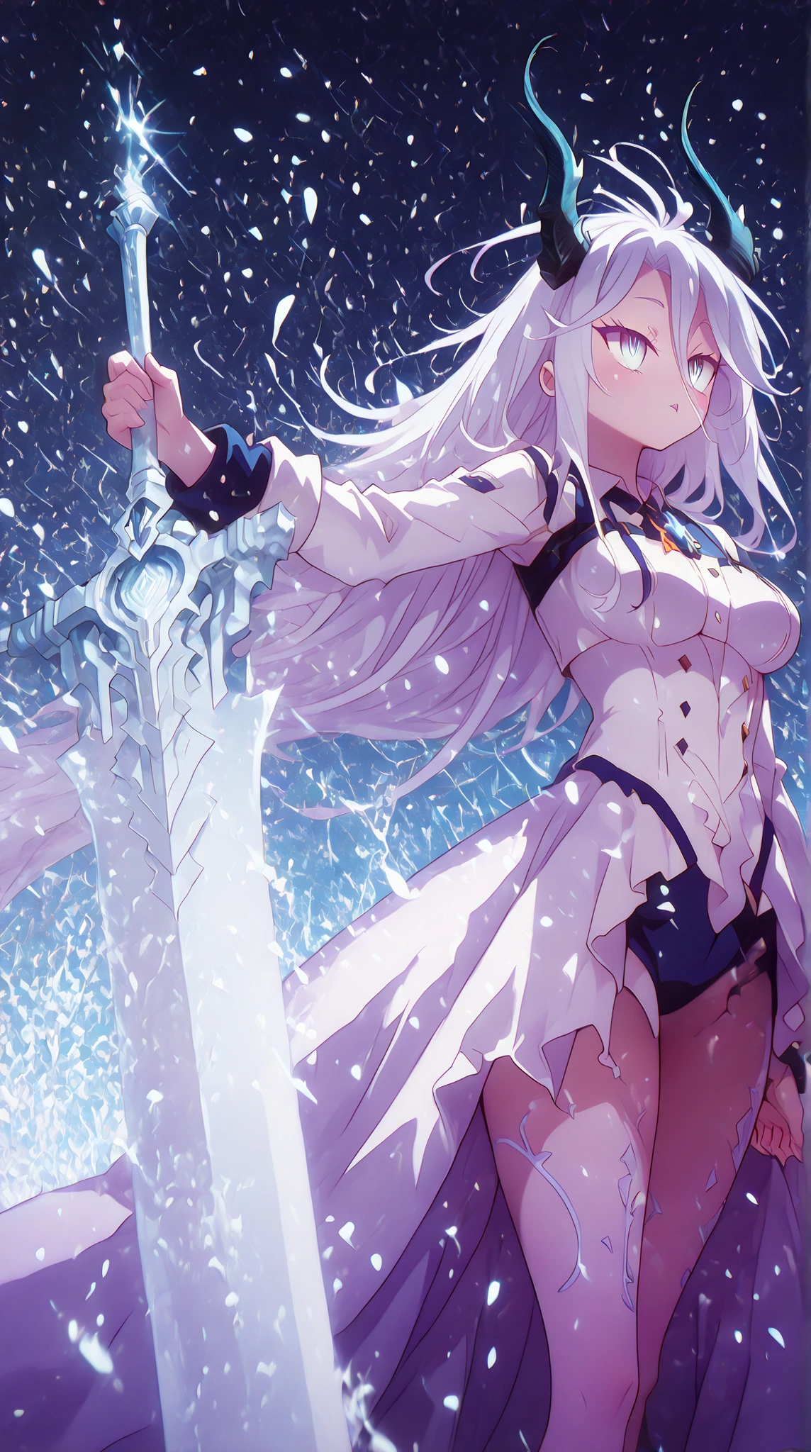 alone, 1 girl, bright and flashy white hair, hair as white as snow, style like Shiro from "No Game No Life", body like Shiro from "No Game No Life", bright and flashy silver-blue eyes, silver-blue eyes the color of Sylpha Langlis' eyes, long bangs between the eyes, long eyes, disheveled hair, perfect anatomy, student, short character, character, character 1.50 meters tall, white hair like Sylpha Langlis, fair and slightly pink skin, Reed's Flame Shadow Horns (black horns);
Silver-blue hands and arms, clawed hands, clawed feet, Nordic-style rune markings on the shoulders and back and thighs in silver-blue color, white dragon tail, long black horns like Reed the Flame Shadow from Arknights, snow-white hair, white hair like Sylpha Langlis, fair and slightly pink skin, big butt and medium breasts, young and petite character;
wearing a white coat in the style of Reed The Flame Shadoe from Arknights, the coat falling down his arms, the inner clothing is black with silver details and is tight on the body and has a technological and futuristic cyberpunk design;
sensual pose, attack position, holding a huge white greatsword with a white blade, facing the observer, looking at the observer, confident, cute expression;