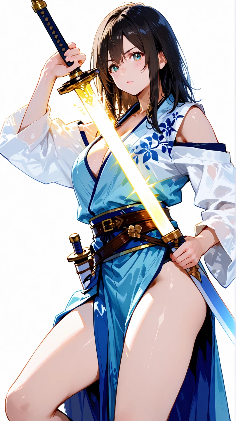 Kizi, in battle stance, standing backwards, a shiny katana (holding it by the handle), very long brown hair, blue colored eyes, skinny, short blue kimono, big-ass, white loincloth (I'm in the shape of a t) with ropes, white lace thigh high stockings, cinematic light, Trees, waterfall, Chinese shrine, blue sky, white clouds,