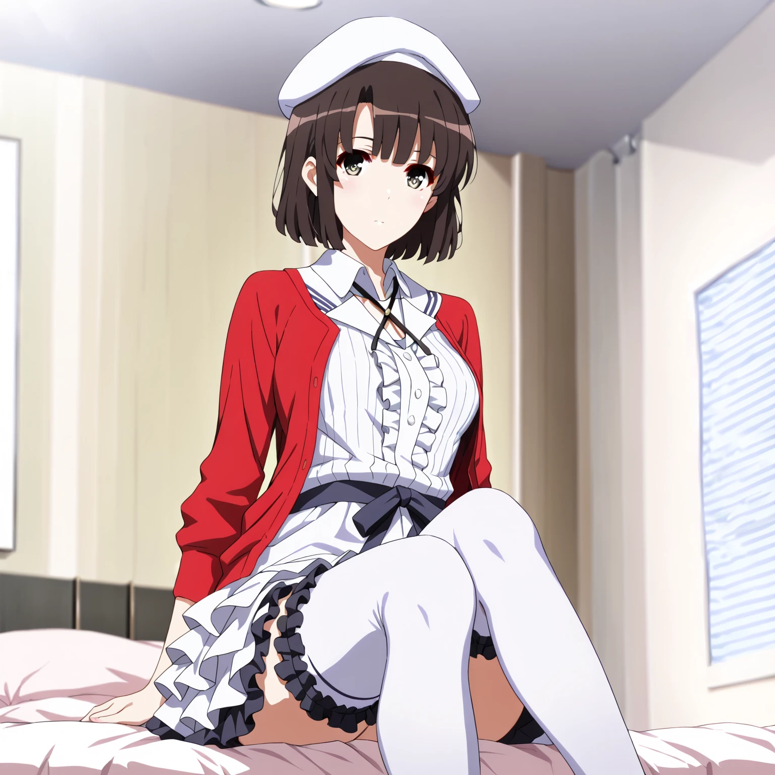 NSFW,1girl in,Sitting,From below,Looking at Viewer,Tomomi_Xijing, bow ribbon, Short hair, School uniform,red school uniform,Winter clothes,Long sleeves,Long skirt,Panties,Perfect Lighting,1girl in,, up skirt,Best Quality,Skirt lift,,Smile,blush,anime screen cap,Flat color,cel shading,(pick up a skirt with both hands,tucking up the skirt highly:1.3),Panties,short torso,Show panties,pantyshot,up skirt,