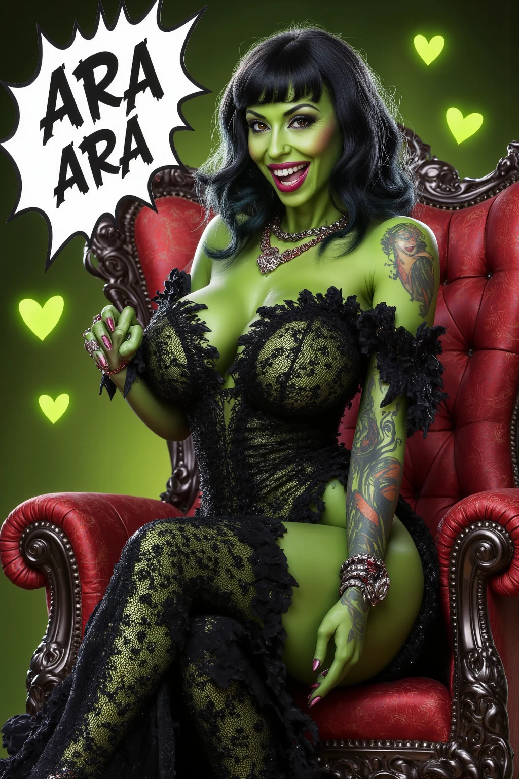 (masutepiece:1.35, Best Quality:1.35, 32K HDR, High resolution), (Photorealistic, Berserx Run, 1girl in, corsets, long_hair, Green hair, Female_public_hair, big bat wings:1.3), (Evil smile:1.55, Exposed shaved armpits:1.5), (ultra gigantic tits:1.55, ultra gigantic tits:1.55, SuperHuge boobs:1.55, In an abandoned hut, mont), hyperdetailed face, ultra detailed texture,