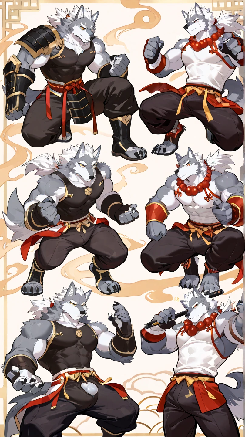A character reference sheet with multiple poses of a shirtless masculine, fat, bulky anthropomorphic chinese foo dog, guardian lion with a fluffy curly mane and tail and an autumn motif. Strong, masculine, mischievous, jolly, kind. Pastel colours