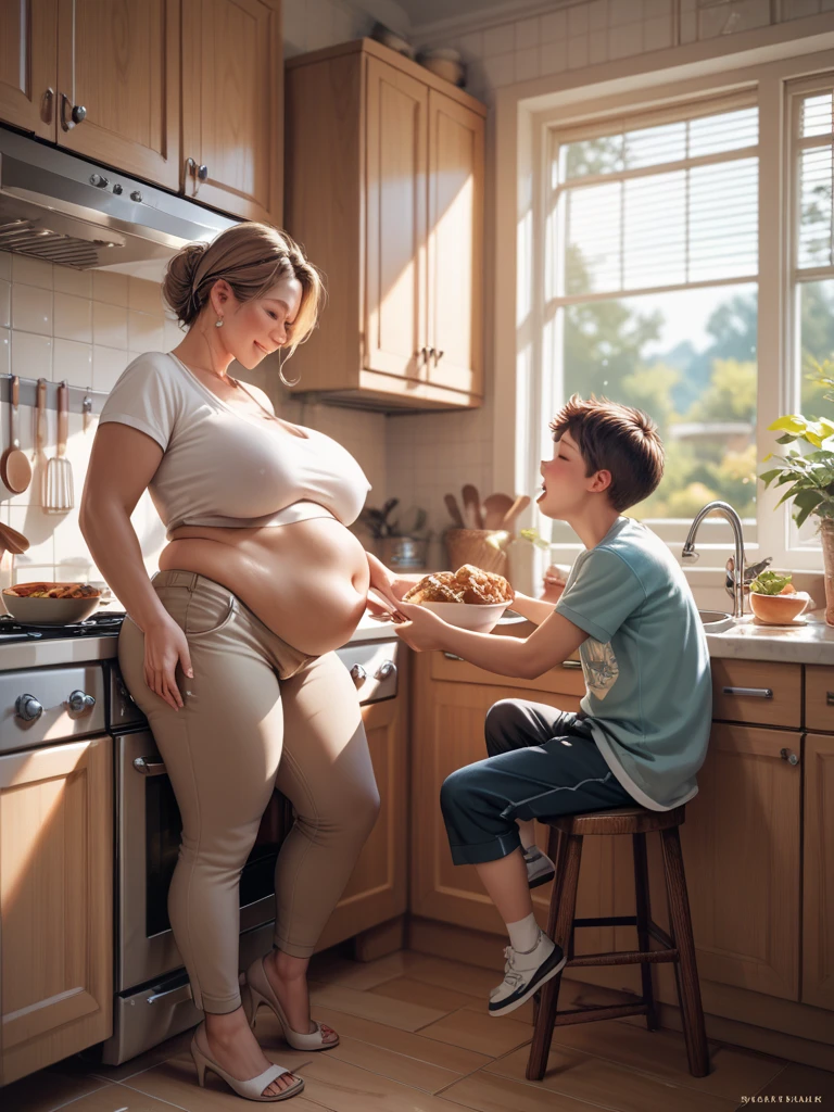In a dim, cluttered room overflowing with fast food wrappers and greasy takeout containers, a handsome man with a physique similar to Justin Bieber stands triumphantly beside a bed where his now-fat and powerless girlfriend lies. Her once-proud, statuesque form has become bloated and soft, her enormous belly spilling over the edge of the mattress, a humiliating symbol of her downfall.
The man, clean-shaven and with a charming, confident demeanor, exudes absolute control. His eyes are filled with a victorious glint as he smiles with cruel satisfaction. His well-groomed hair and appealing physique contrast sharply with the disarray around them. He presses and manipulates her rolls of fat with an air of dominance and power.
The woman, now weak and tearful, lies supine on the bed, her once-beautiful face marred by distress and resignation. Her tears mingle with the greasy stains on her clothes, and her bloated body looks helpless amid the scattered food remnants. She looks up at him with a mix of shame and despair.
A framed photo on the wall captures a painful reminder of their past—a time when she was dominant and fit, and he appeared weaker. The contrast between their past and present is harsh, underscoring her complete degradation. The harsh lighting casts deep shadows, highlighting every detail of her humiliation—the folds of her bloated belly, his satisfied smirk, and the tears streaming down her face. She lies defeated, overwhelmed by the sheer dominance of the man who now controls her body and soul.