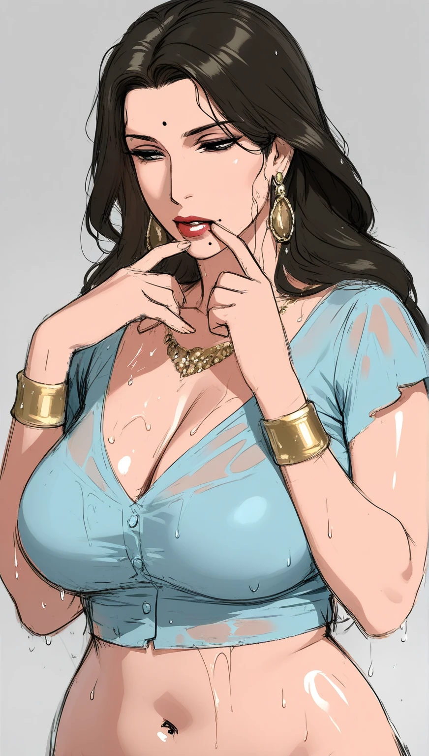 (^^^:1.2), graphic novel style, cute, surprised, hands on hips, simple background,  <lora:OnlySaree_V2:0.8> OnlySaree, Saree,