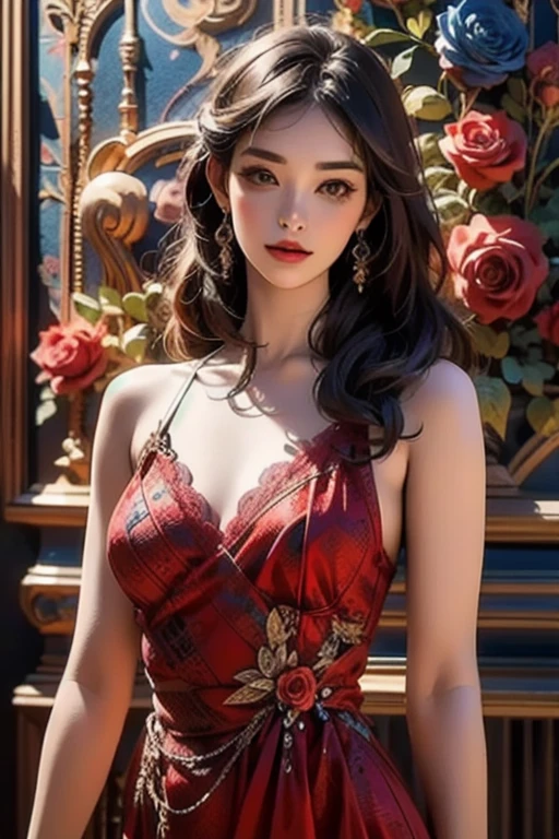 Portrait, (((photorealistic portrait))), (((hyperrealistic portrait))). Beautiful (sexy young woman), long dark hair, (beautiful face), (((correct ???????, correct body proportions))), correct hands, correct hands, correct hands, ((beautiful hands)), ((smooth fingers)), (dressed) in red (((erotic lace transparent dress))), against the backdrop of a lake in the garden, a garden with beautiful flowers on the branches of trees, a beautiful sky, 8k uhd, dslr, soft lighting, quality, film grain, Fujifilm XT3