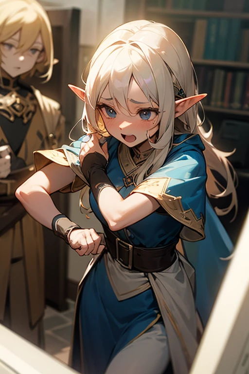 ((Highest quality)), ((masterpiece)), (detailed), (Perfect Face)、The woman is a High Elf in Deidrid, wearing a revealing long black slit dress with luxurious gold embroidery and trim, adorned with accessories.、The woman is an offering to the Dark God, being sacrificed on the altar of darkness.