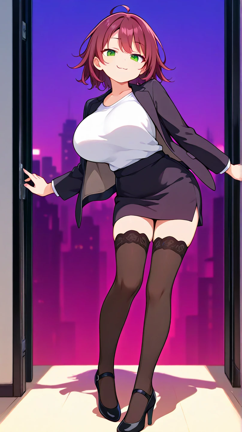 Kitagawa Udo room style, anime visual of a young woman,Focus on the face Delicate and beautiful face High ponytail,City,Outdoors,Stand up,long leges,Mature woman,Big breasts wife,Married Woman,Mature woman,office lady,(Masterpiece), (Best quality), (Ultra detailed),(Disheveled hair),huge tit,Stiletto heels,Slender and tall,Exquisite details,The feet are delicate