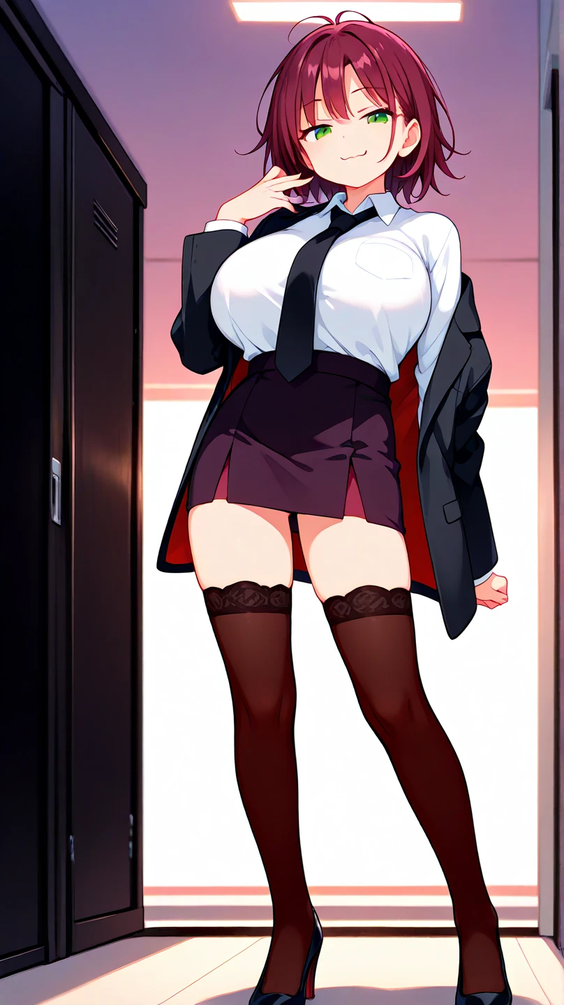 Haruno Sakura, medium hair, teen, long sleeve white shirt, Red tie, medium breasts, lace boyshorts, black mid thigh stockings, black shoes. standing, bedroom, perfect body, perfect legs, perfect arms, perfect hands, Masterpiece, detailed