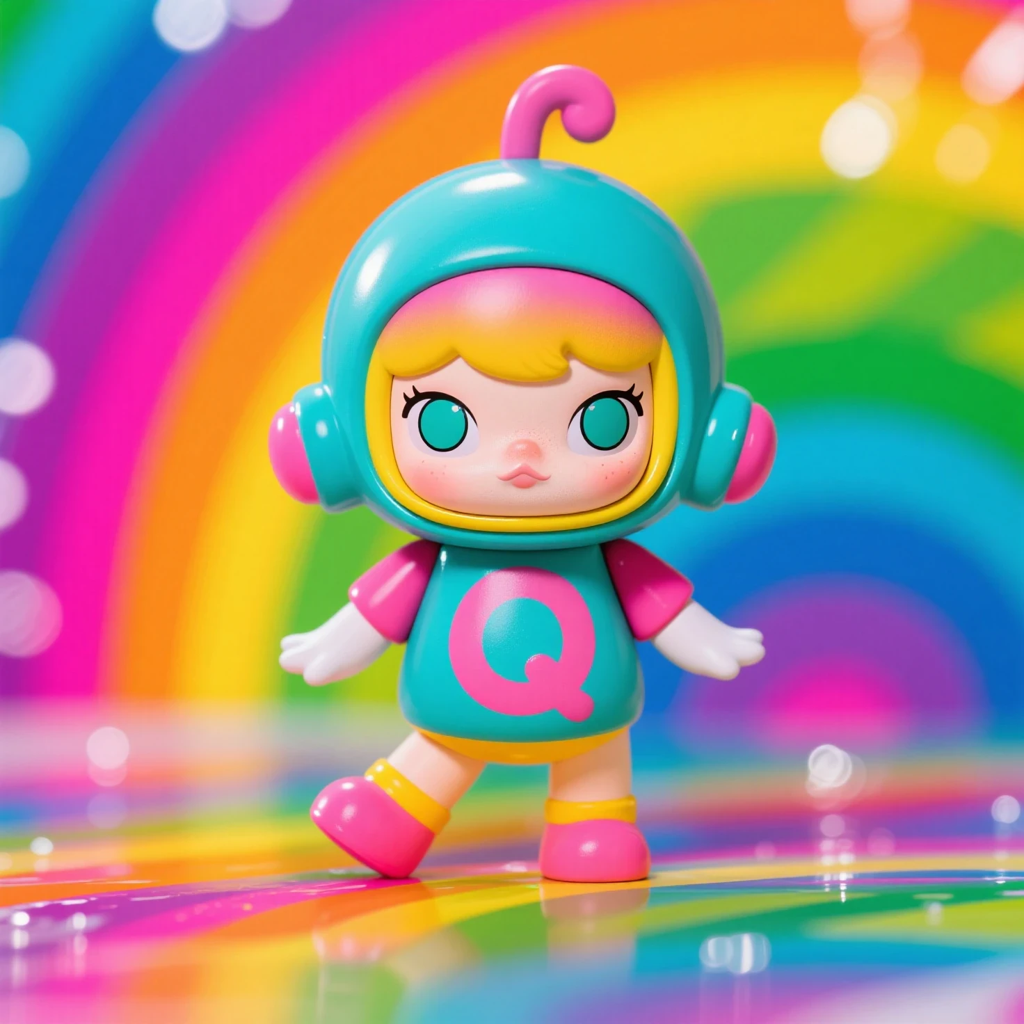 ABDL, (diaper lover), ((Sexy)) busty woman wearing (huge diaper), (magical), colorful, detailed, huge breasts, wide hips, seductive, bokeh, ((latex)), (in a bedroom), cute, white teeth, (pool inflatables), colorful stockings, rainbow hair