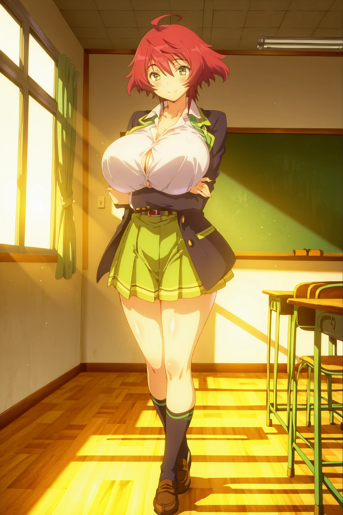 utena,Very large breasts,Blushed,score_9,latex,Underboob,oiled skin,1girl,White background, , serafuku, long sleeves, green sailor collar, green mini skirt, pleated skirt, yellow neckerchief, black pantyhose, lowfers,garter belt,Areola