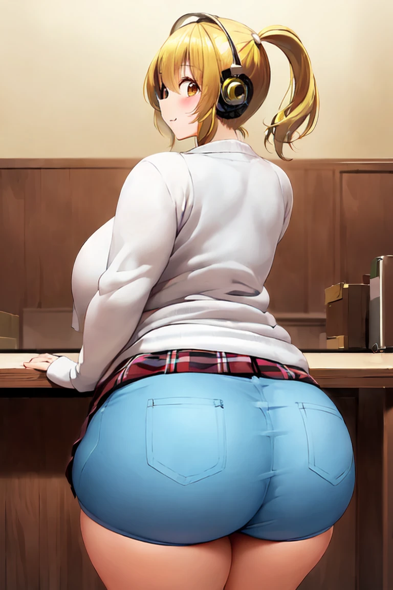 Best quality, solo mature woman, giant ass, bbw, wide hips, thick thighs, very curvy, phat ass, blonde hair, pony tail, full lips, teasing smirk, smiling, tight clothes, jean shorts, at a school, bending over desk, guy touching her, guy groping her, guy pressed against her, man pressed against her back