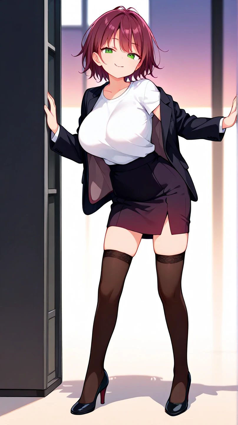 ((super high quality,))((Ultra-high resolution,))(16K,)(super masterpiece,)((Ultra HD ,))(Detailed shading,)Full body photo,One sexy woman,high collared white shirt,Long sleeve,Cleavage,Black tight skirt,smile,