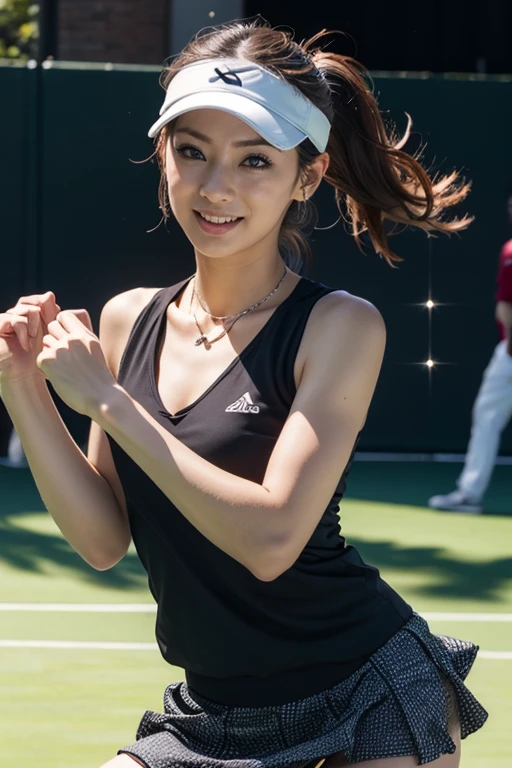 (8K, highest quality, masterpiece: 1.2), (realistic, realistic: 1.37), Super detailed, 1 girl, 20-year-old, big, beauty, cute, smile, alone, tennis wear, mini skirt, White undercoat、beautiful thighs、Beautiful camel toe、Tennis court, racket, tennis ball, (nose redness), (smile: 1.15), (opened mouth), beautiful eyes, (long hair: 1.2), floating hair nova frog style, Upper body