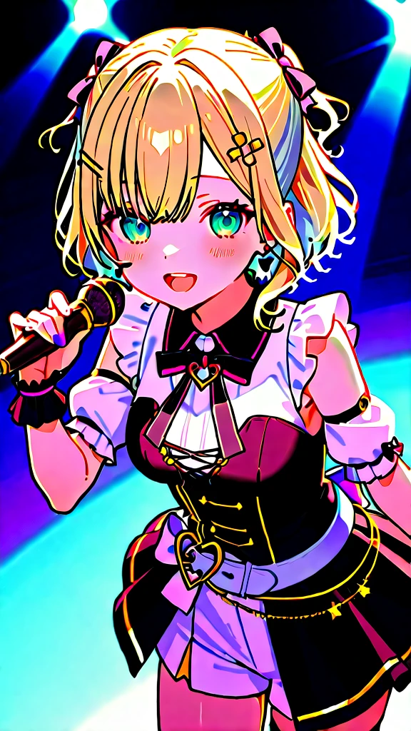 Threesome Girl Group、Light pop music group、Very high resolution、Ultra HD、16K、Great expression with attention to detail、Beautiful Face, Idol, Big Breasts, Bright Blue Eyes, All of them have straight blonde bob hair.、Pastel colored cute costumes Stage costumes、Panty View, Outdoor music hall performance stage