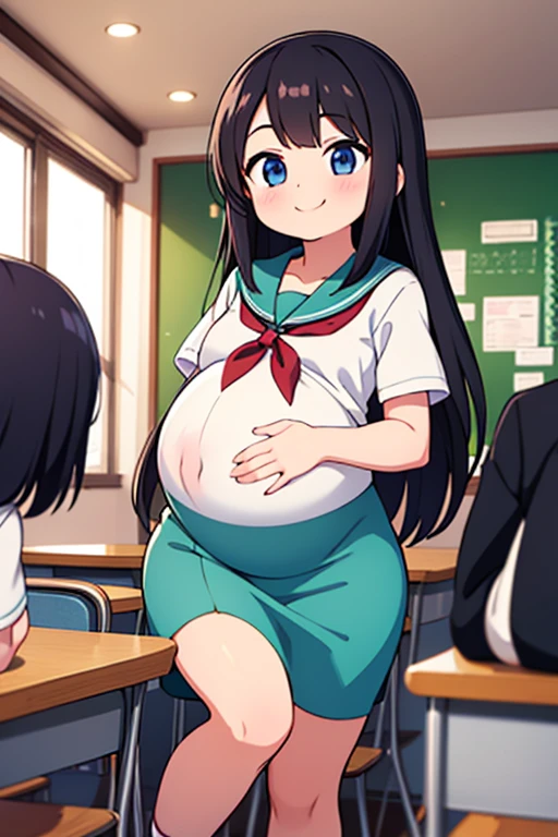 Hentai style, anime ecchi .empty classroom. In the afternoon, sunlight shining through the windows and the curtains swinging. thirty year old woman kneeling on the floor. long black hair, light green eyes, full lips, rosy cheeks, pale skin. face of pleasure. disproportionate and impossible body, proportions of a titanic oppai, bust up, giant breasts, huge oppai, big bust. huge, erect nipples, big areolas. Wide hips, huge ass. giant belly, like that of a pregnant woman with five children, accumulation of SEMEN in the belly, cumflation. huge breasts of breast milk, squirting milk, milking milk, breasts expanded by milk. the semen escaping from the vagina mixes with the breast milk leaking from the breasts and forming a pool of milk and SEMEN around it