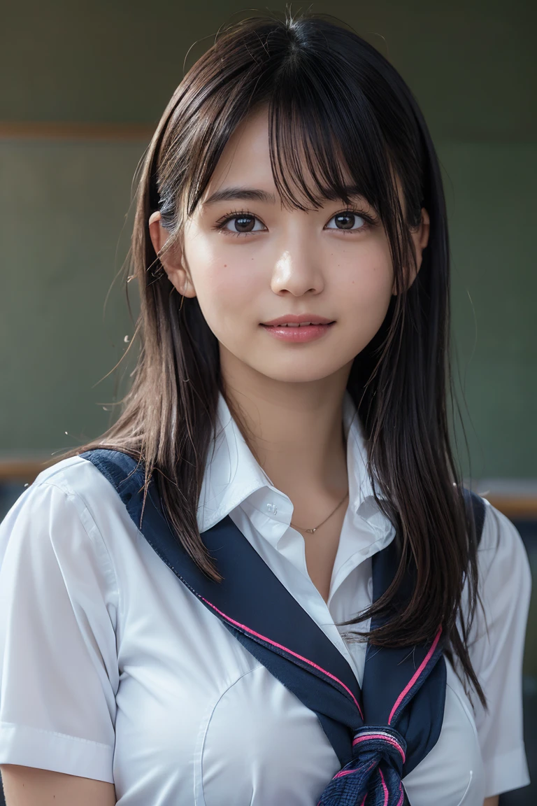 Raw photo, 8K, Highest Quality, 超A high resolution, beautiful faces detailed, Real Human Skin, , Front view, Angle from below, Realistic, Realistic, Cute, Short skirt, Classroom, Cute Schoolgirl, Japanese Schoolgirl Uniform, wearing japanese school uniform, Surreal High School Girl, Full body, poneyTail:1.3、(nffsw:1.5)、(white shirt,Blake Black Bra)、