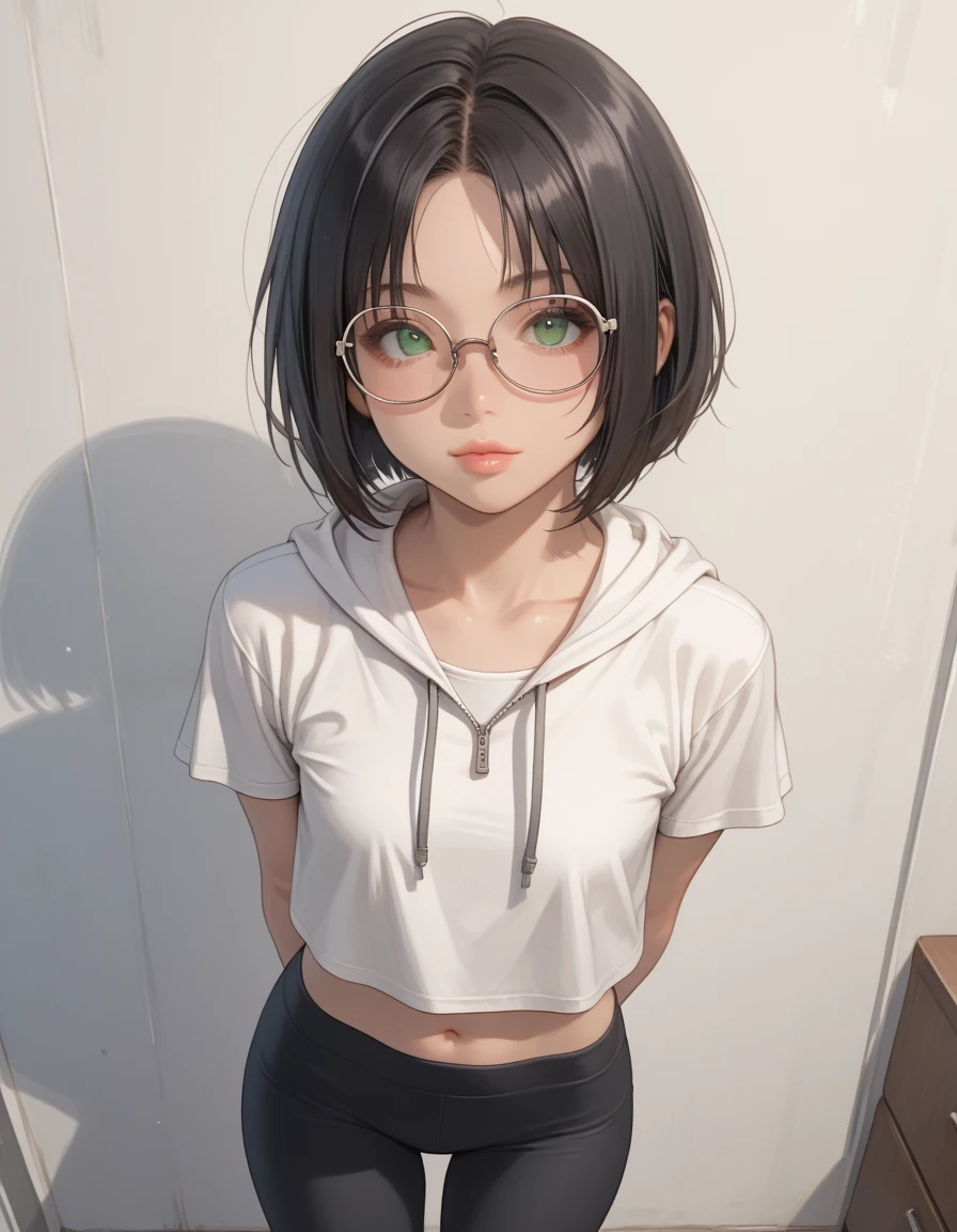 (masterpiece, Highest quality, It captures a very cute moment, Depth of written boundary, Super detailed, Ultra-high resolution, C4D, Octadale, 3D Modeling,Realistic human photos、 8K, 16K, One Girl,Middle school students, Small breasts,Black Hair,short hair,Straight Hair,Light brown eyes,White headband,Wearing black glasses,Cute face), Bloomers, Black tank top, zettai ryouiki, Wet clothes,Classroom Nights,Moonlight, Good elevator, Take off、Real-life skin、Not an anime、Realistic、Not an illustration