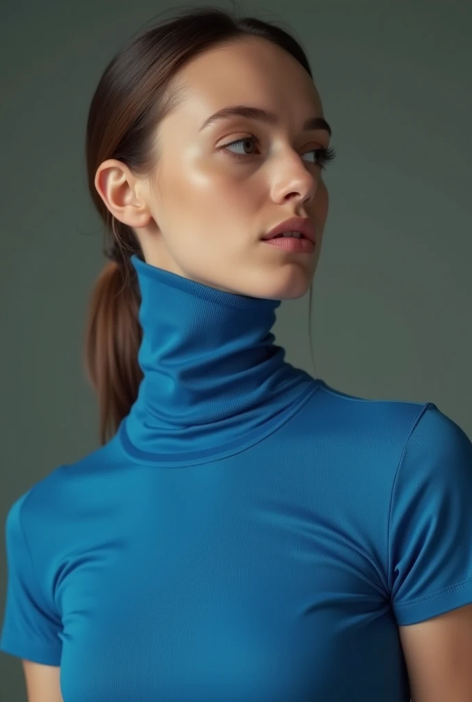  wearing a turquoise tight ribbed turtleneck top close up