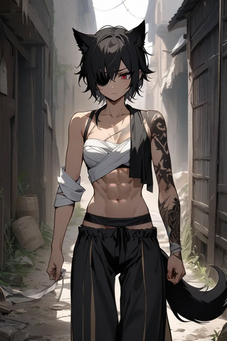 Solo, Boxer, Top quality, Masterpiece, Highly detailed CG, Highly detailed 8K wallpaper, Bird's eye view, Highly detailed character, Back facing, Back style, Blush, (Very delicate and beautiful portrait), Medium bust , after shower, wet skin, bath towel wrapped, spine, short hair, mesh, dragon tattoo on back, portrait, solo, clear focus, (((side shaved hair))), dark skinned tomboy daughter, navel piercing, tattoos under eyes, black hair with white mesh, short hair, yellow eyes, detailed close-up portrait, shower room, detailed background