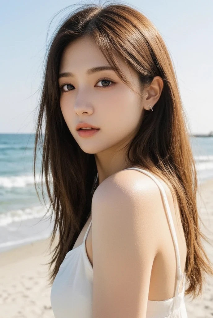 ultra fine photos, extremely cute and beautiful girl, Highly detailed beautiful face and dark eyes, look at viewr, Beautiful long hair, Solo, Dynamic Angle, Beautiful dress, Full body, The sandy beach background is the sea, Ultra-detailed face, Detailed eyes, 二重まぶた, Natural eyes and mouth