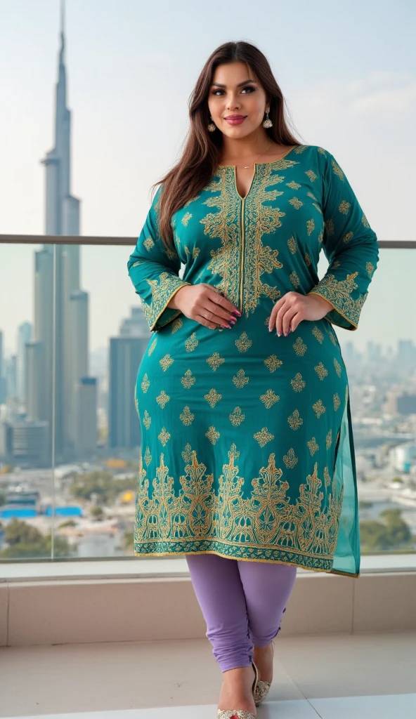 Day scene, A radiant, full-figured South Indian 35 year old aunty a cream colour chiffon gown ,standing, in a office captured in a full-body image with vibrant hues and meticulous details. Full body image