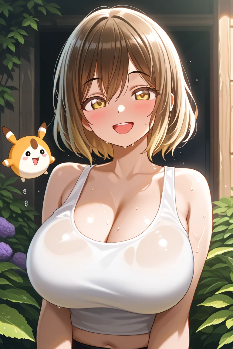 Tip: Very lovely  with a bottle of milk and her cute puppy enjoying a lovely spring outing surrounded by beautiful yellow flowers and nature.. The illustration is a high definition illustration with 4k resolution., with highly detailed facial features and cartoon style visuals.  Busty Kyonyuu busto 210 cm