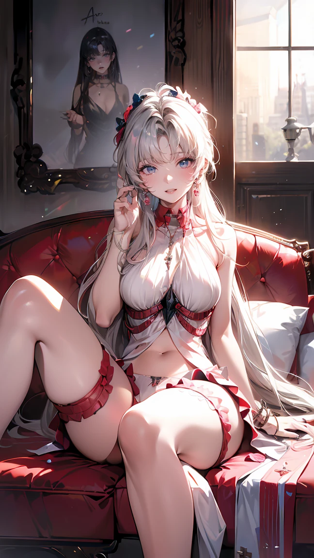 (((depict young girll))), (((only one girl))), (((top-quality, masterpiece))), 4k, HD, silver hair, bob cut, one braid, (red rose in hair), green eyes, (((sofisticate lingerie))), ((lace lingerie details)), black and red lingerie, (((lot of white ribbons))), maid, lovely, smile, happy, ((small breasts)), nice hips, (Masterpiece, Excellent, complex details), delicate girl, delicate face,