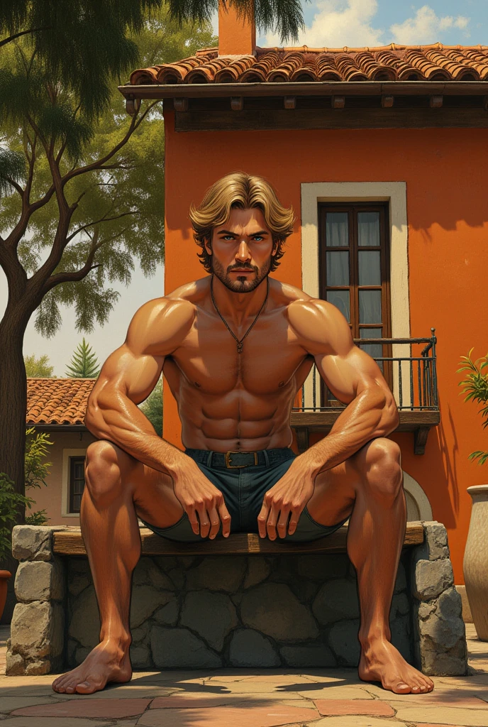 In the art style of J.C. Leyendecker and paul chabas, a slender, youthful Latino with detailed musculature and athletic legs sstanding in a art noveau deco office with large windows to see the river and waterfalls jungle and forests, golden hour, desk, golden coins, small canadian flag, laptop, books shelves alluring swimmer's speedo embracing his form, barefoot, a hidden smile playing on his features with a tranquil gaze emanating confidence