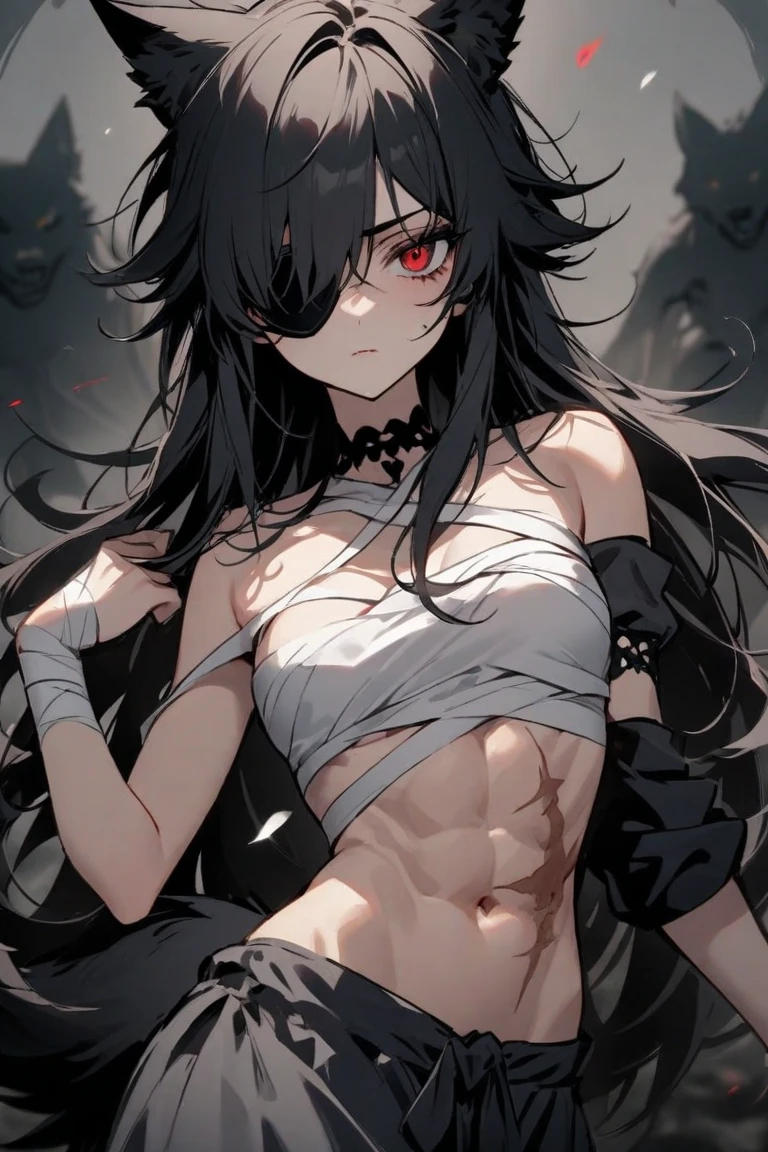 A girl with long straight dark hair, eyes with dark pupils, She has defined muscles and thighs, but that's normal for a beautiful woman., she wears dark pants and does not wear a shirt showing her medium breasts, and a dense dark energy over your body, which only covers your arms leaving them completely dark, her aura is completely dark and only covers her arms, leaving her bare breasts exposed, She has two dark arms because of the dark energy that surrounds her body