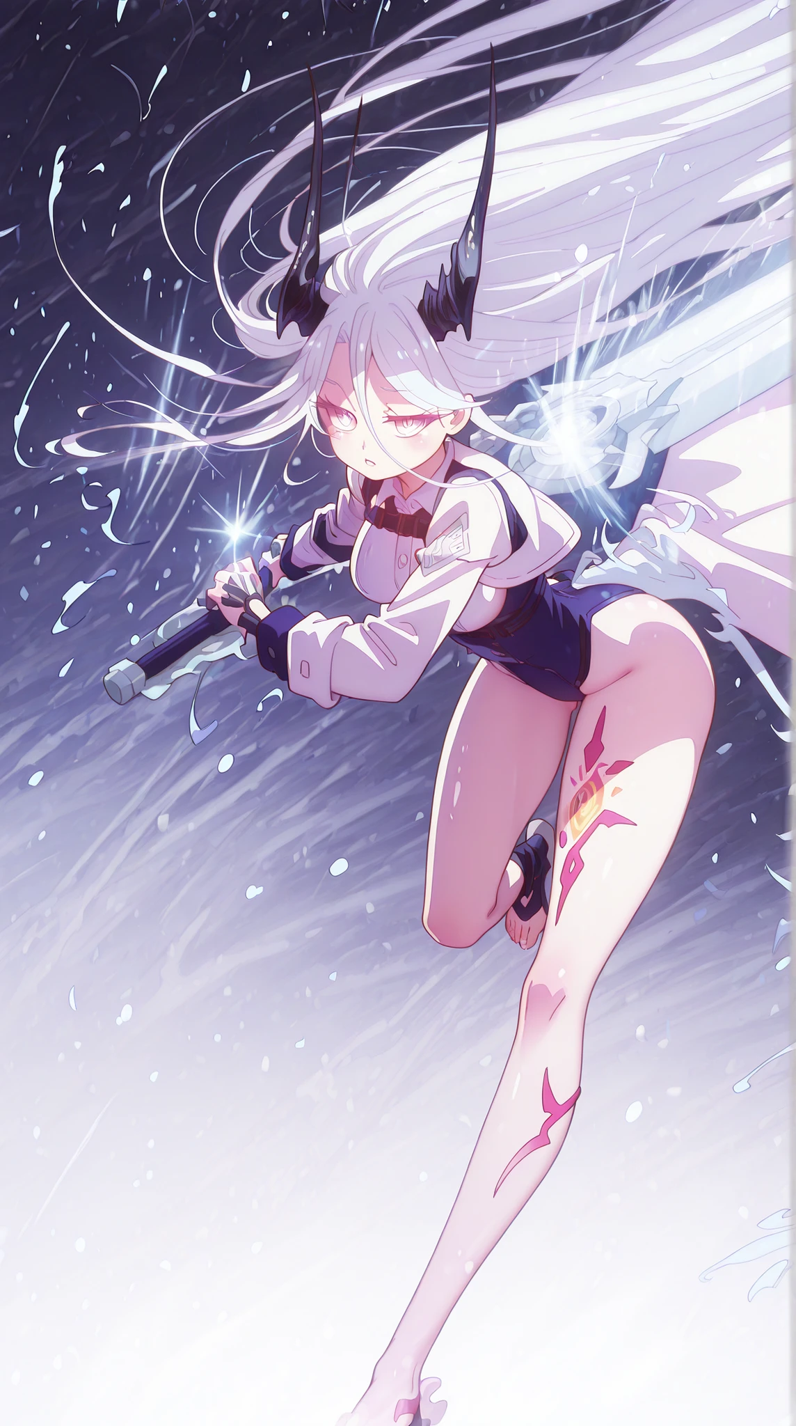 alone, 1 girl, bright and flashy white hair, hair as white as snow, style like Shiro from "No Game No Life", body like Shiro from "No Game No Life", bright and flashy silver-blue eyes, silver-blue eyes the color of Sylpha Langlis' eyes, long bangs between the eyes, long eyes, disheveled hair, perfect anatomy, student, short character, character, character 1.50 meters tall, white hair like Sylpha Langlis, fair and slightly pink skin, Reed's Flame Shadow Horns (black horns);
Silver-blue hands and arms, clawed hands, clawed feet, Nordic-style rune markings on the shoulders and back and thighs in silver-blue color, white dragon tail, long black horns like Reed the Flame Shadow from Arknights, snow-white hair, white hair like Sylpha Langlis, fair and slightly pink skin, big butt and medium breasts, young and petite character;
wearing a white coat in the style of Reed The Flame Shadoe from Arknights, the coat falling down his arms, the inner clothing is black with silver details and is tight on the body and has a technological and futuristic cyberpunk design;
sensual pose, attack position, holding a huge white greatsword with a white blade, facing the observer, looking at the observer, confident, cute expression;
