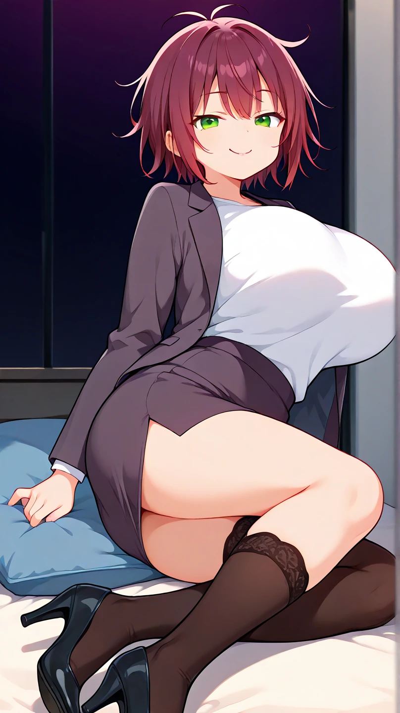 NSFW maddie fenton, pixiv artwork, masterpiece, beautiful lighting dominating, lab coat and white tight buttoned dress shirt showing off her curves with black pencil skirt and brown stockings, curvy milf physique and a mature milf body, intimate encounter, pov, orange hair in a bob, lying down in bed, dominant, very sexy and seductive position, view from above, no panties, no bra, erect nipples, forcing herself on you, horror movie lighting, dramatic light with intense shadows, dimly lit, full body shot, forcing your penis inside her, rapes you, takes you all the way inside her wet pussy, imminent penetration, she guides you