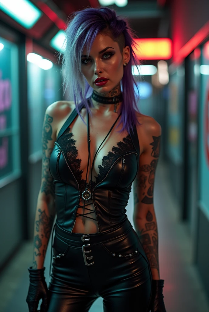 (tatot cards), realistic digital painting, cyberpunk 2077 style, mystical room in futuristic world, table with modern big tarot cards, beautiful woman, dark makeup, mystical tattoos, cyberpunk fortune teller outfit, spreads tarot to some cyberpunk woman (punk with colorful hair, wearing strange and mismatched clothes), unfolded big tarot cards are visible on the table, dark room, light neon lighting, cyberpunk style, realistic, lots of detail, 8k, film grain, raw photo,