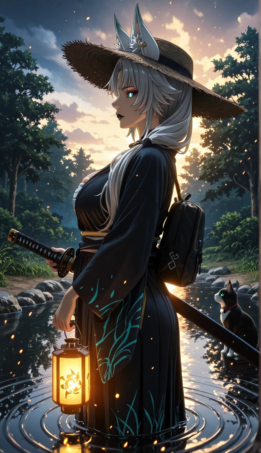2k41dech34tsk1ll,IsekaideCheatSkill,Isekai de Cheat Skill, ggstduel, (anime coloring, anime screencap), shiny skin, ((anatomical correct)), ((Cinematic, unreal engine, eye-catching, ambient occlusion, UHD, masterpiece)), ((perfect lighting, dim lighting, soft shadow)), perfect body, perfect eyes, perfect fingers, gasping, heavy breathing, gasping profusely, ((skindentation)), ((curvy)), Fe1x10, animal ears, long hair, ponytail, multicolored hair, white hair, red eyeliner, ringed eyes, forehead mark, ear piercing, ((mature female)), plump, (black lips:1.3), puffy lips, 1girl, sword, holding, weapon, hat, jewelry, outdoors, earrings, water, solo, katana, cloud, cat, wading, lantern, japanese_clothes, sky, ripples, sheath, cloudy_sky, sheathed, tree, bandages, glowing, from_side, kimono, reflection, profile, sarashi, black_kimono, standing, nature, bag, backpack, ribbon, looking at viewer, glowing eyes, ((embers))