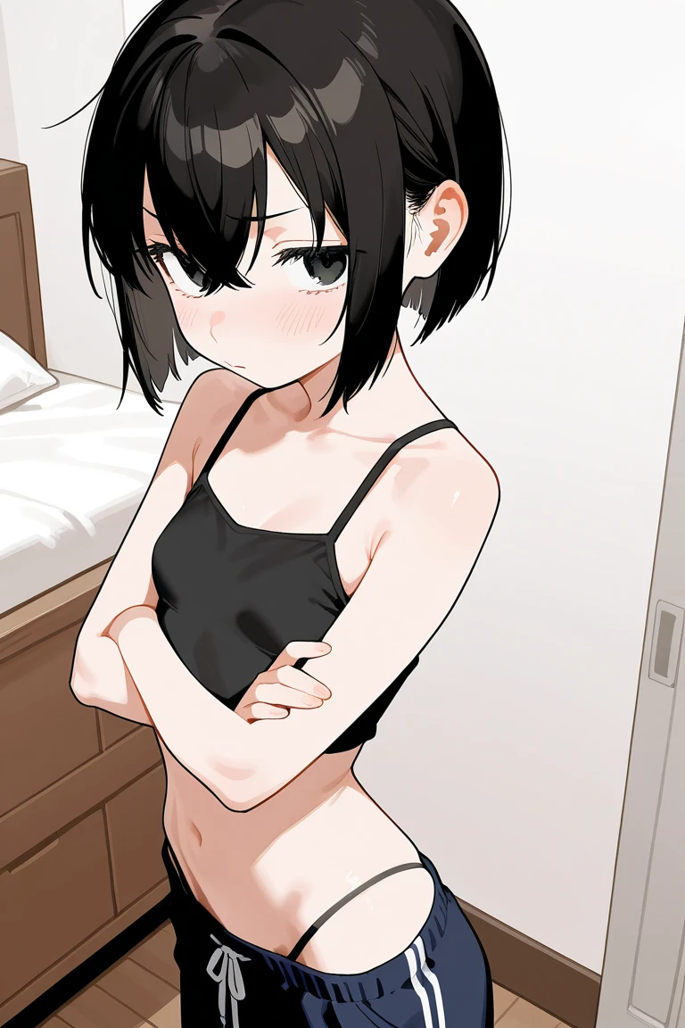 Girl with black hair showing her panties to the camera , looking at the camera, corada, calcinha branca transparente dando pra ver sua vagina, buceta, private part, opening your legs towards the camera, usando uma regata e uma saia, em um quarto, sentada no canto da cama