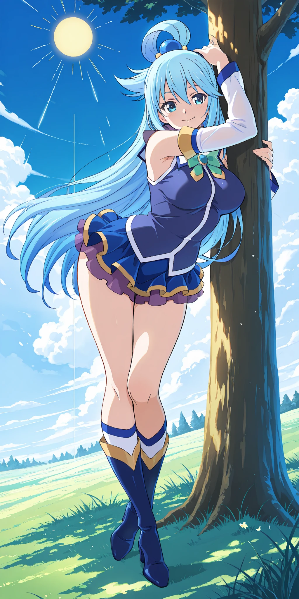 (realistic, photo realistic:1.2), ((highest quality)), move the center of gravity backwards, pretty embarrassing, aaaqua, long hair, blue hair, hair rings, hair ornament, choker, bare shoulders, green bow, blue shirt, detached sleeves, blue skirt, thighhighs, white panties, (show panties:1.4), (Panty shot:1.3), (pull up the skirt:1.3), (pull up the skirt:1.3), (sitting on ground:1.4), put the heel on the ground, (spread legs:1.2), squat with your knees up, Attach your ass to the ground, beautiful face details, real human skin, gentle expression, Front view, angle from below, realistic, photorealistic, squat deep on ancient ruins, whole body, (looking at the viewer:1.2), From before, from below,