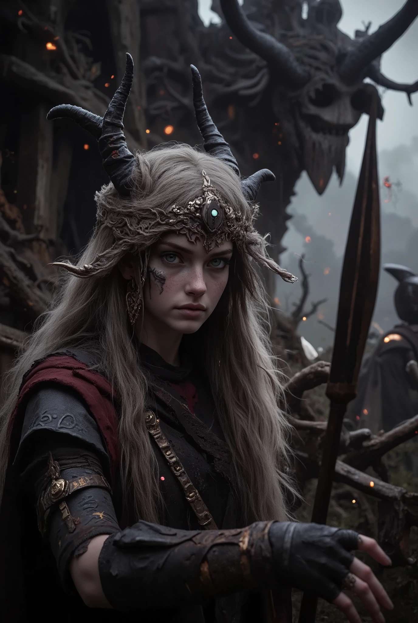 masterpiece, best quality,High quality, newest , highres,8 k,HDR, absurdities , 1 girl, long hair, horns, weapon, torn robe , glowing eyes, Dark fantasy, holding a spear , floating, complex tattoos, Etheric Aura , red and black colors, plate gloves, gold jewelry, looks at the viewer, fighting stance, supernatural energy , Shadow background, gothic architecture, dynamic posture, dramatic lighting, detailed background, depth of field, dynamic composition, Angle, detailed background, dynamic posture, dynamic composition,Dutch corner, detailed background,Angle,blurred edges, M4gicalL1nes